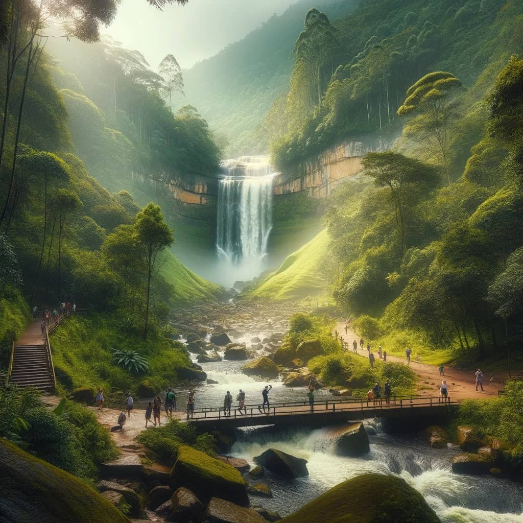 Arenales Waterfall located just outside Medellin, Colombia. The scene captures a lush, green nature park