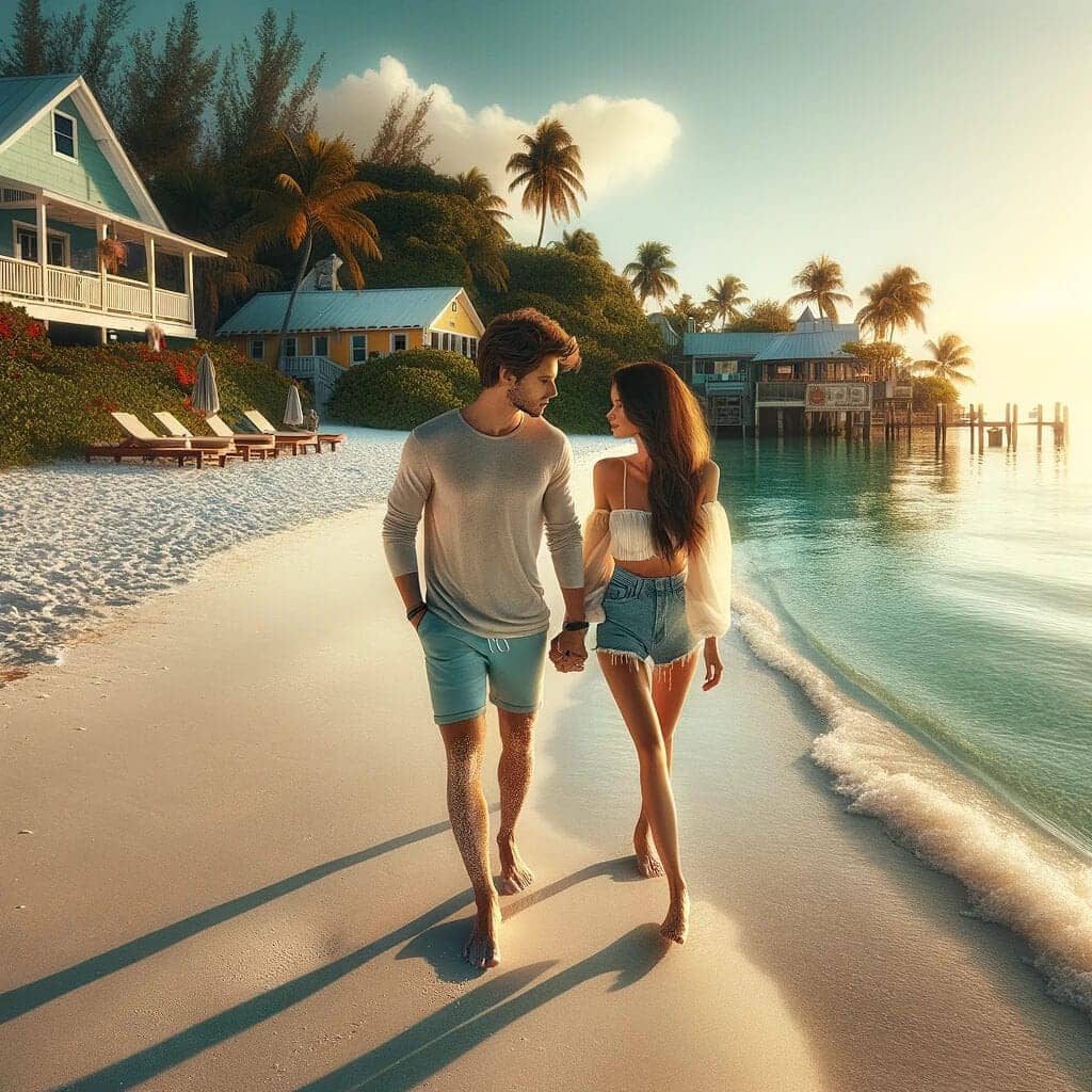 couple enjoying a serene and beautiful day on Anna Maria Island, a slice of paradise known for its stunning beaches and tranquil atmospher