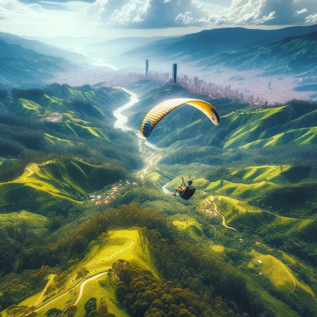 paragliding over the lush green mountains surrounding Medellin, Colombia